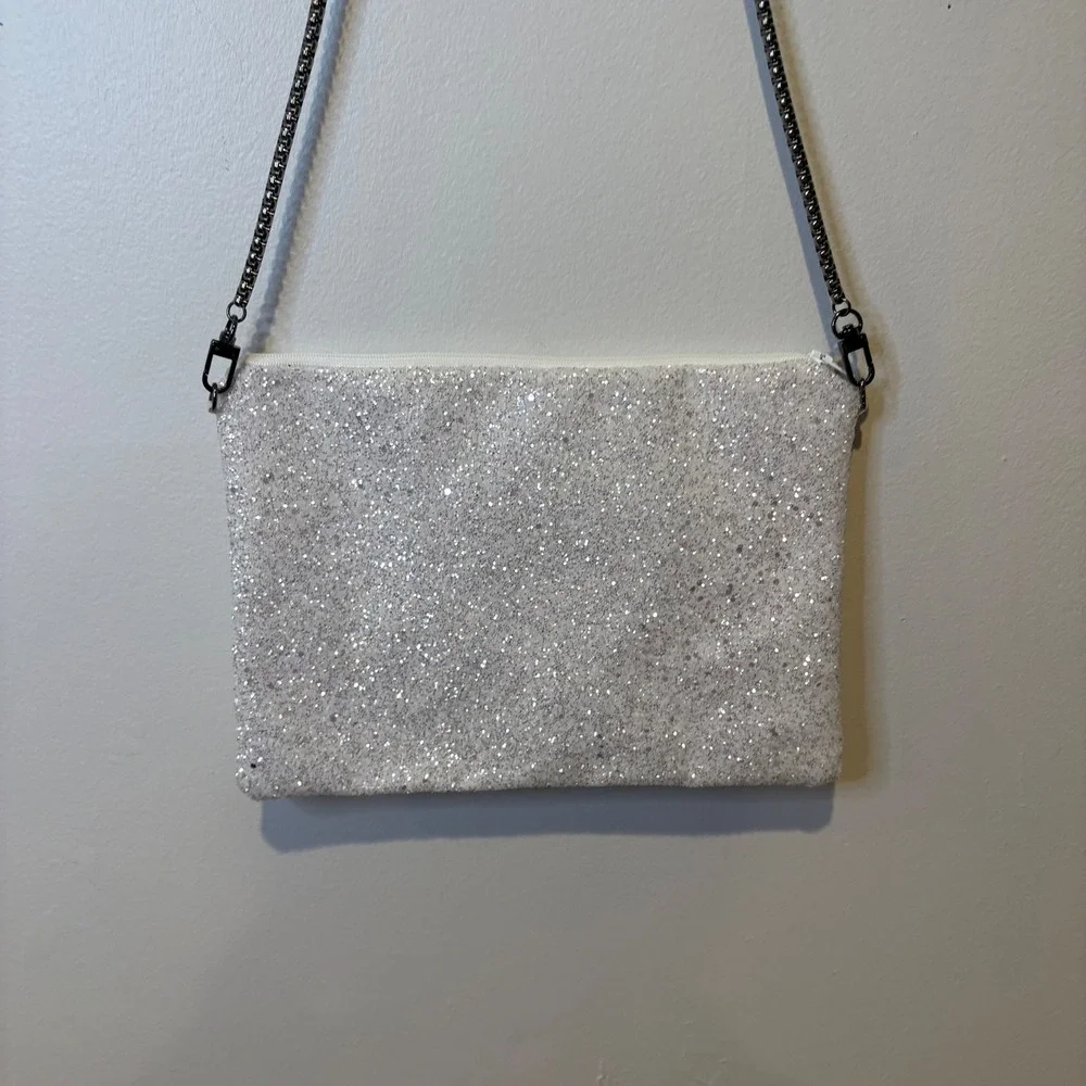Bride White Glitter Clutch Bag‎ with Detachable Chain Crossbody Strap